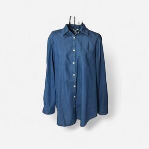 Khakis & Co. Woman 1X Denim Button-Down Shirt - Dark Wash Indigo - Long Sleeve